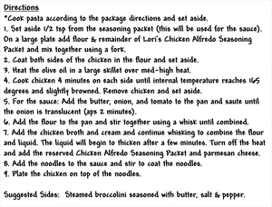 Chicken Alfredo Seasoning Packet & Recipe Card