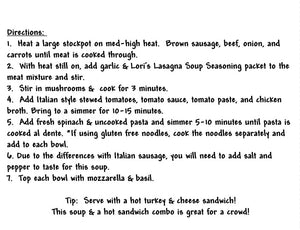 Lasagna Soup Seasoning Packet & Recipe Card